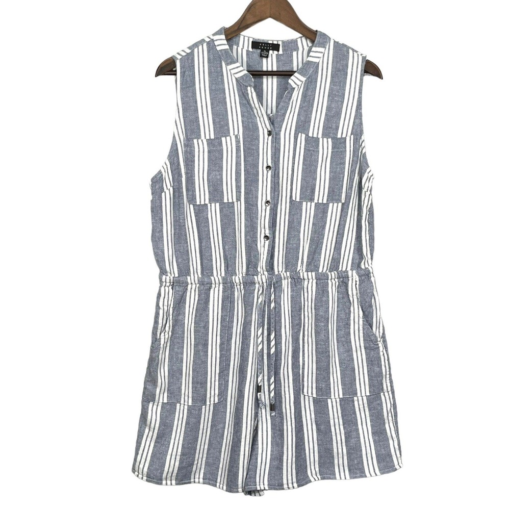 Kelly Renee Womens XL Blue White Striped Linen Blend Sleeveless Romper Pocket